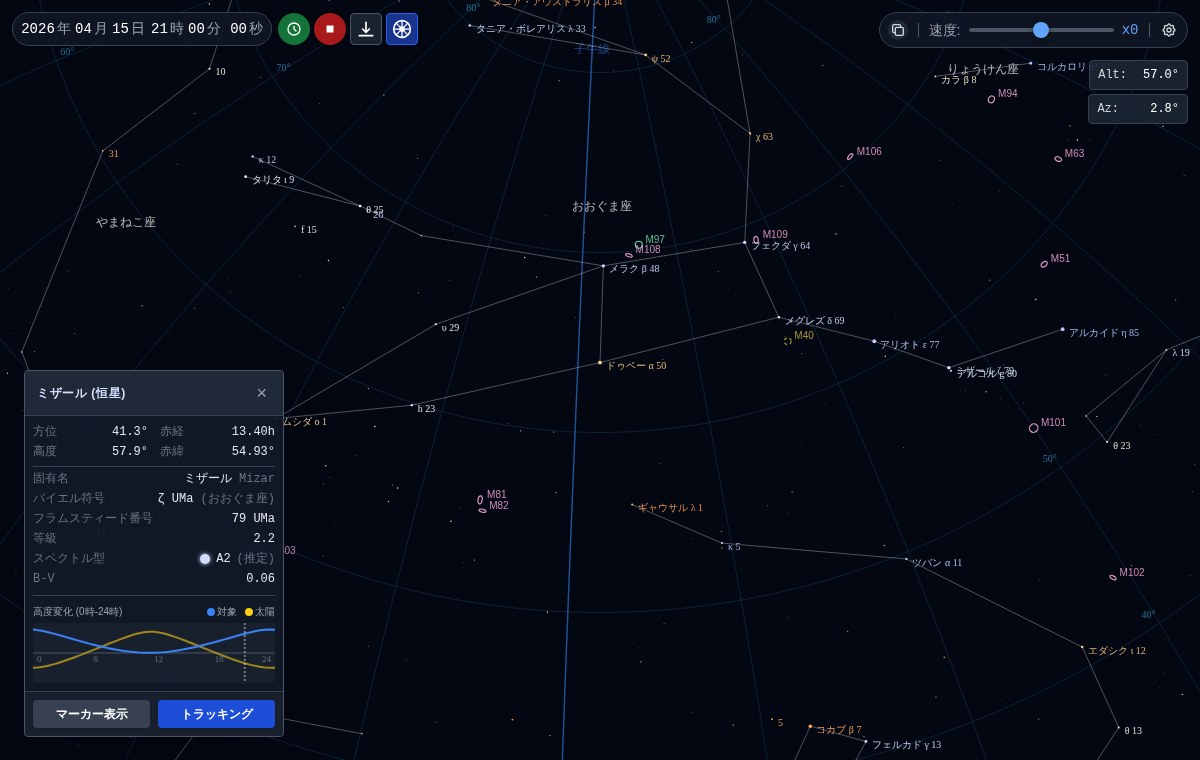 北斗七星の星々にギリシャ文字のバイエル符号とフラムスティード番号が表示され、ミザールの情報ウィンドウに固有名・バイエル符号・フラムスティード番号が並んでいる