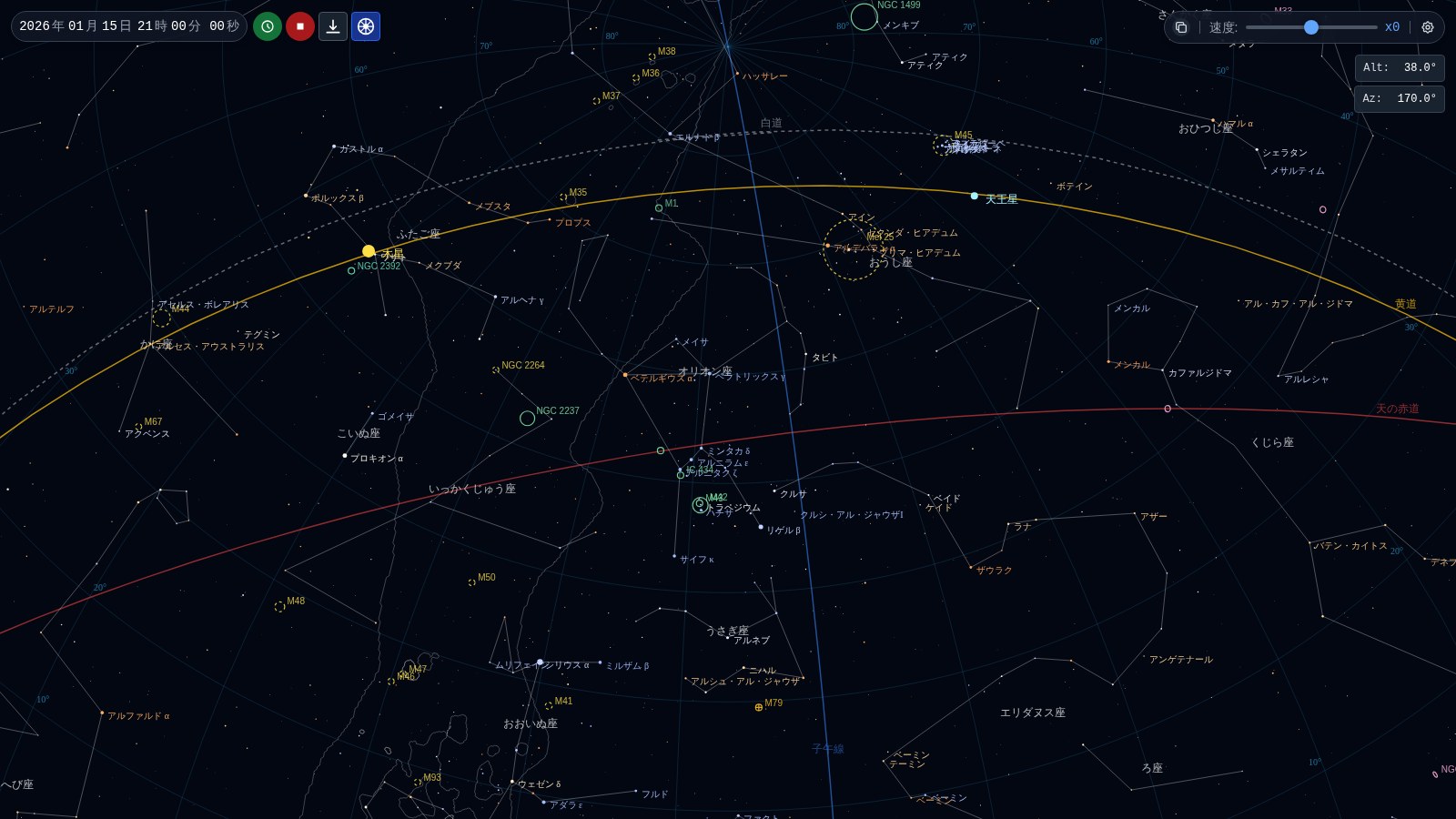 冬の南の空。オリオン座の周辺に木星や天王星、メシエ天体の記号が表示された星図