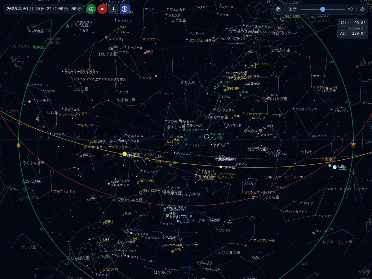 天頂を中心に空全体を表示した星図。外周の緑の円が地平線