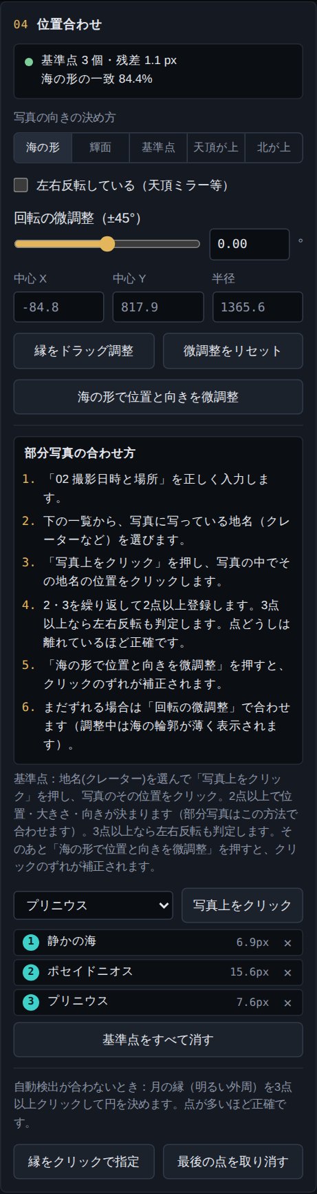 部分写真の合わせ方の手順と、3つの基準点の一覧